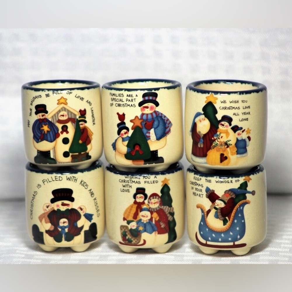 Happy Holidays Candle Crock Set of 6 Snowman Ceramic
